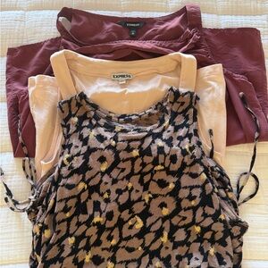 Express Leopard Print Tank Top with gold flecks, soft pink tank and maroon tank